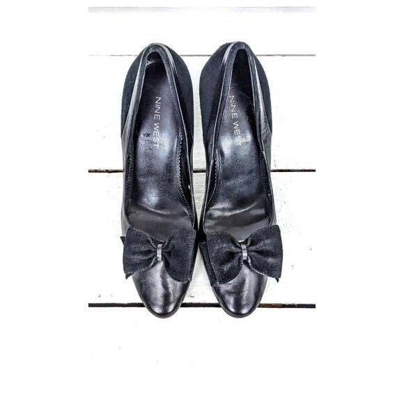 Nine West black leather suede bow round toe high heel stiletto pumps - Picture 2 of 8
